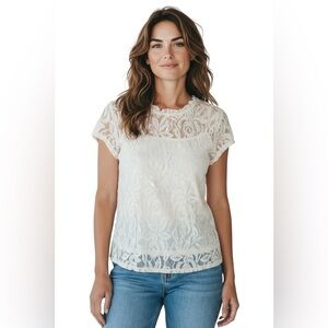 Elegant Ivory Lace Short Sleeve Blouse Back Button Detail Top